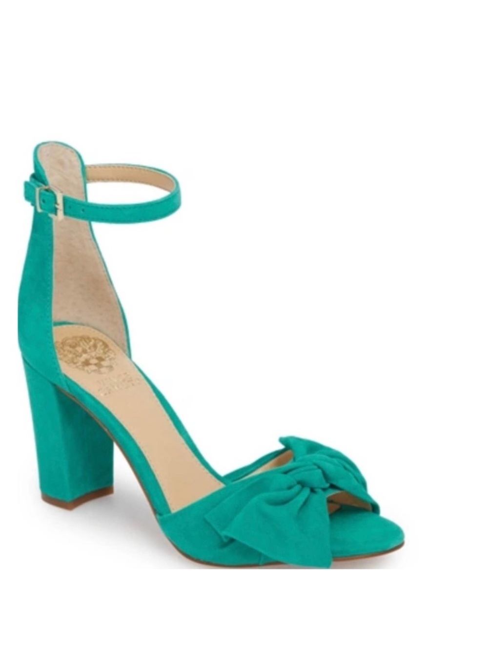 Vince Camuto Teal Bow Ankle-Strap Block Heel Sandal